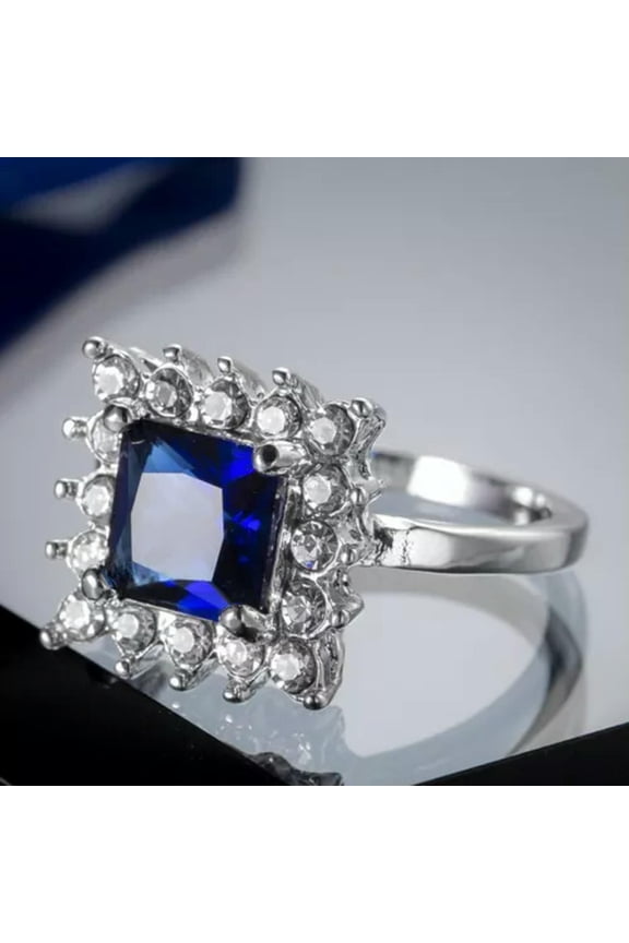 Dark Blue Square Cut Band Flower Claw Women's 925 Silver Wedding Ring Size 6-10