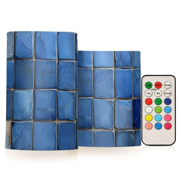 Dark Blue Square Flickering Flameless Candles Battery Operated with Remote Timer LED Pillar Candles Set of 2