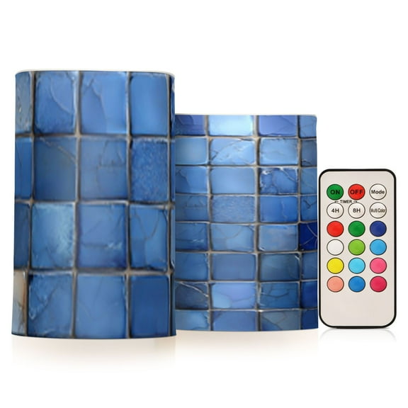 Dark Blue Square Flickering Flameless Candles Battery Operated with Remote Timer LED Pillar Candles Set of 2