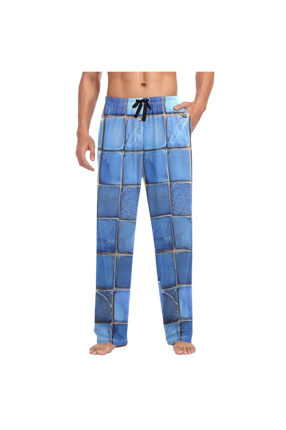Dark Blue Square Mens Cotton Pajama Pant Sleep and Lounge Bottons with Pockets
