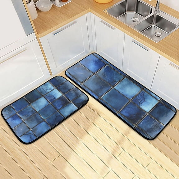 Dark Blue Square Mosaic Kitchen Mat Set of 2 Cushioned Non Slip Rugs for Bedroom Floor Runner Mats