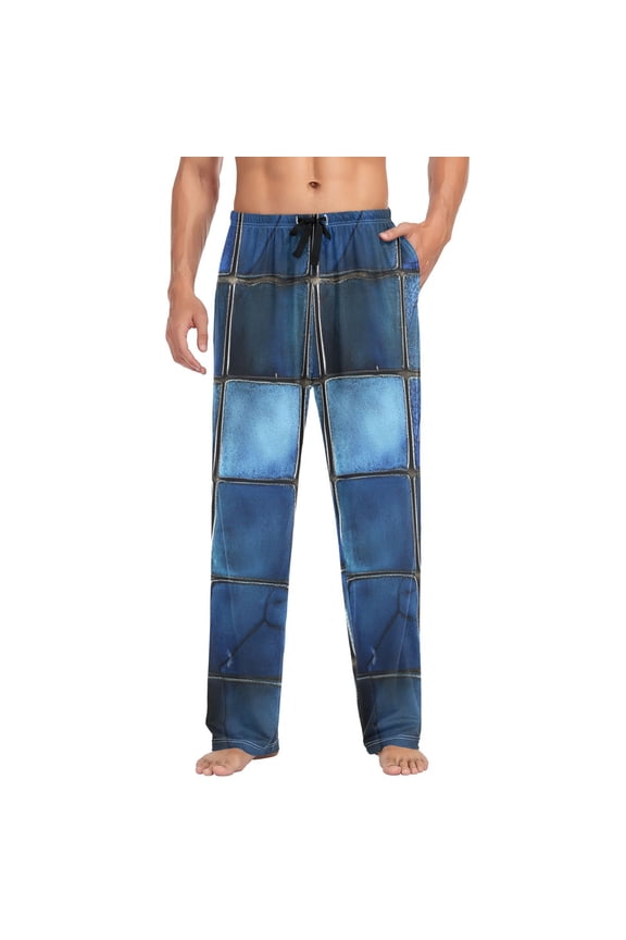 Dark Blue Square Mosaic Mens Cotton Pajama Pant Sleep and Lounge Bottons with Pockets