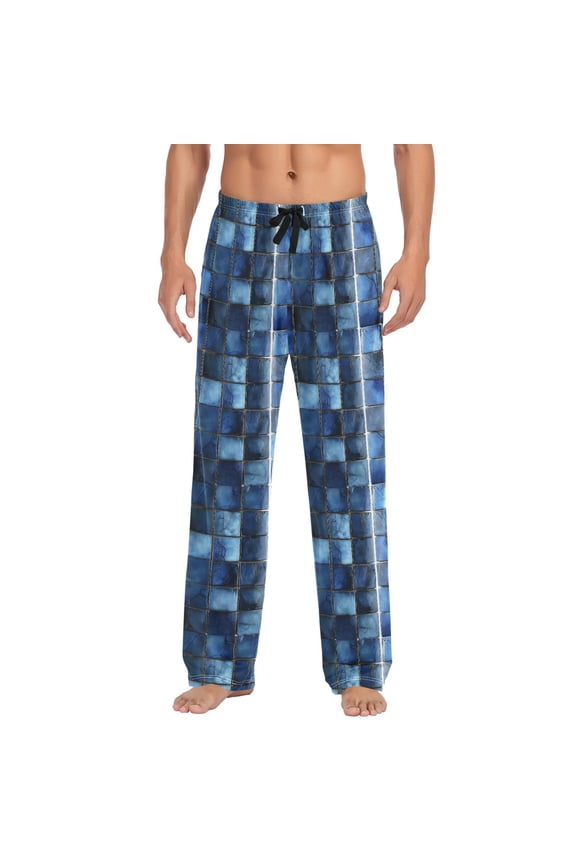 Dark Blue Square Mosaic Mens Pajama Pant Sleep and Lounge Bottons with Pockets