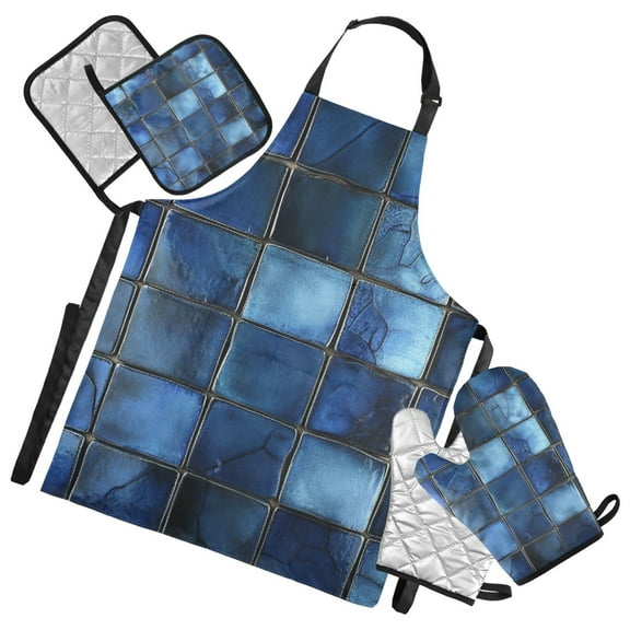 Dark Blue Square Mosaic Oven Mitts and Pot Holders with Chef Apron Set 5 Pcs Kitchen Cooking Set
