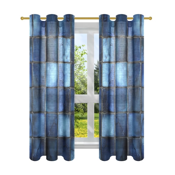Dark Blue Square Mosaic Semi Sheer Curtains for Living Room Bedroom Set of 2 Insulated Window Drapes