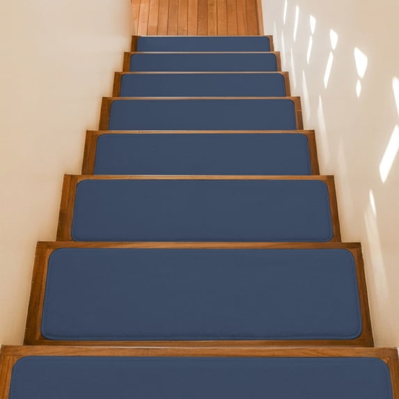 Dark Blue Stair Treads Non Slip for Steps Modern Solid Color 7 Pcs Reusable Adhesive Stair Runner Mats for Dogs Elders Carpet Treads Rugs for Staircase 8x30 In