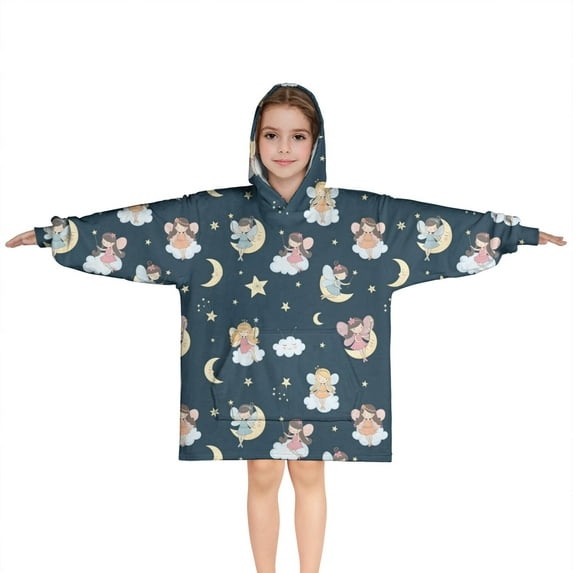 Dark Blue Star Fairy Pattern Blanket Hoodies for Kids 6-13YR Oversize Wearable Blanket Hoodies for Boys Girls Teens