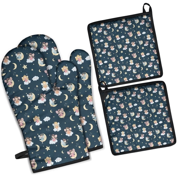 Dark Blue Star Fairy Pattern Kitchen Oven Mitt and Pot Holder Sets 2 Pcs for Baking, Cooking and Grilling, Heat Resistant Up To 392 °F