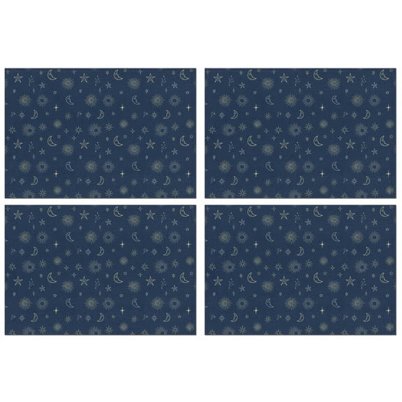 Dark Blue Star Moon Sun Pattern Summer Placemats Table Placemats Set Of 4-Linen Kitchen Washable Placemats Table Mats 11.8"x17.7" Non-Slip Heat Resistant