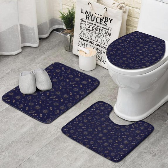 Dark Blue Star Moon Sun Planet Rocket Pattern Bathroom Rugs Sets 3 Piece,Toilet Cover Set,Absorbent Non Slip Bathroom Mats Sets with U-Shaped Contour Rug Toilet Rug Set