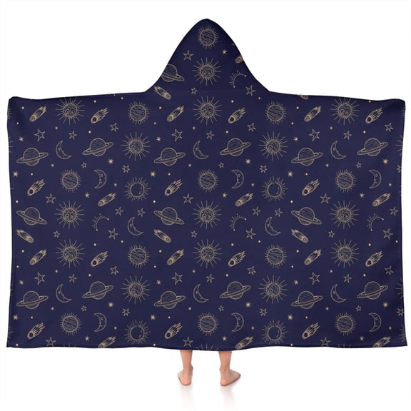 Dark Blue Star Moon Sun Planet Rocket Pattern Hooded Bath Towel,60"x35" for Ages 3 To 12 Kids, Quick Dry Lightweight Soft Microfiber Hood Beach Towel Cover Up for Kids