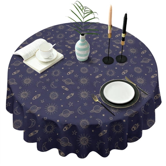 Dark Blue Star Moon Sun Planet Rocket Pattern Round Tablecloth 60"x60",Wrinkle Wipeable Table Cloth for Kitchen Dining Room Picnic Patio Party
