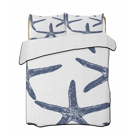 Dark Blue Starfish Ocean Coastal Nautical Quilts Bedding Set California King Lightweight Quilted Bedspread 3 Piece Bed Quilt with 2 Pillow Shams All Season for Bedroom 96" x 106"