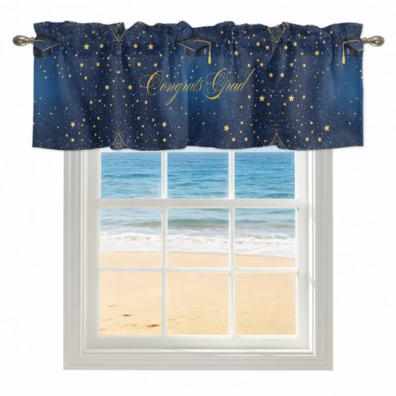 Dark Blue Stars Graduation Kitchen Valances for Windows 42x12 Inch Kitchen Curtains Valances Rod Pocket Modern Starry Congratulations Bathroom Window Valances for Window Treatment Decor