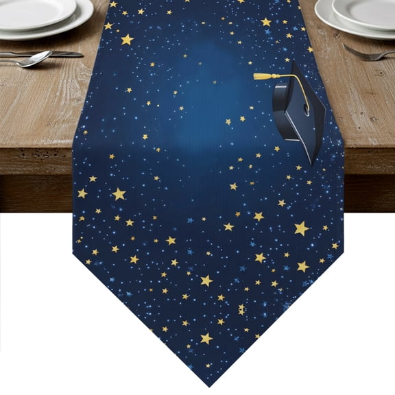 Dark Blue Stars Graduation Table Runner Linen Burlap Table Runner 36 Inches Small Modern Starry Congratulations Dresser Scarves for Kitchen Island Coffee Dining Room Party Holiday Decor 13"x36"