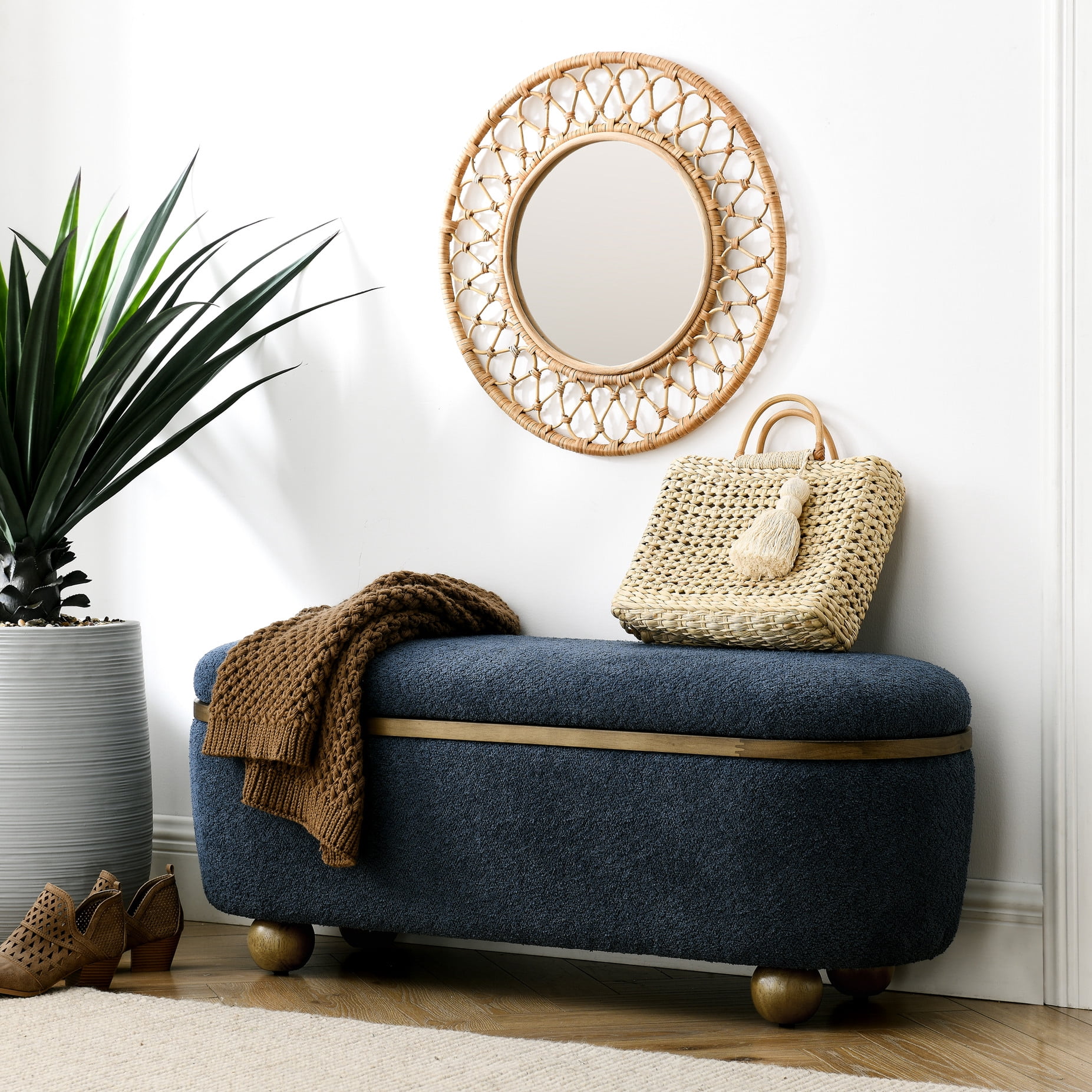 Dark Blue Storage Bench With Upholstered Surface, For Home Decoration ...
