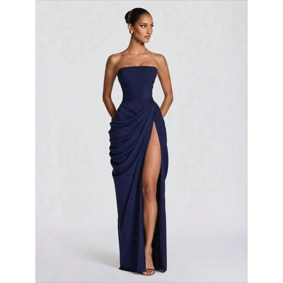 Dark Blue Strapless Maxi Dress With High Slit And Ruched Detail