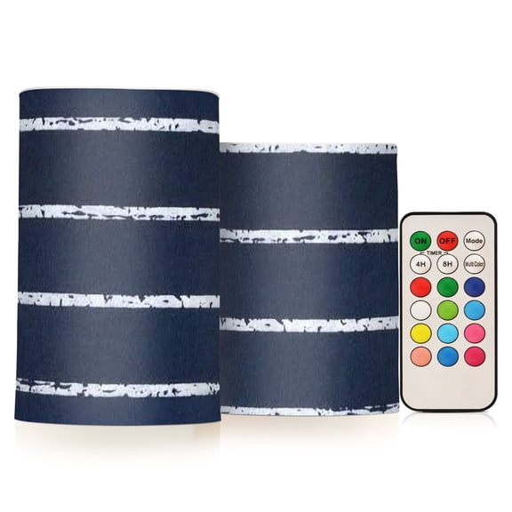 Dark Blue Stripe 2 PCS LED Flickering Flameless Candles with Remote Control Realistic 3D Wick Window Candles Sets for Wedding Table Home Decoration Gifts