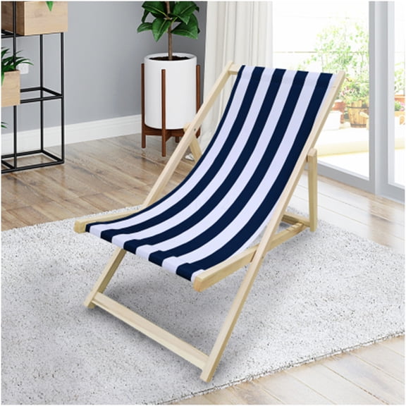 Dark Blue Stripe Folding Chaise Lounge Chair, Populus Wood Sling Chair for Outdoor Relaxation, Patio Poolside Garden Beach Recliner