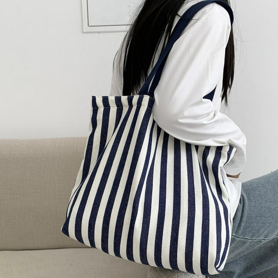 Dark Blue Striped Canvas Tote Bag for Women - Reusable Grocery Shopping Bag, Eco Friendly Beach Tote with Wide Straps,Size Free Size