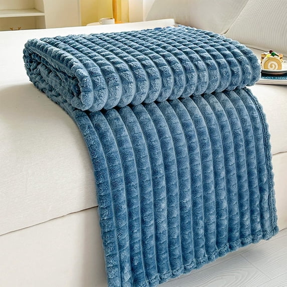 Dark Blue Striped Fleece Throw Blanket 40x28 Inch - Soft Warm Cozy Decorative Blanket for Couch, Polyester Microfiber, Lightweight Travel Blanket for Living Room