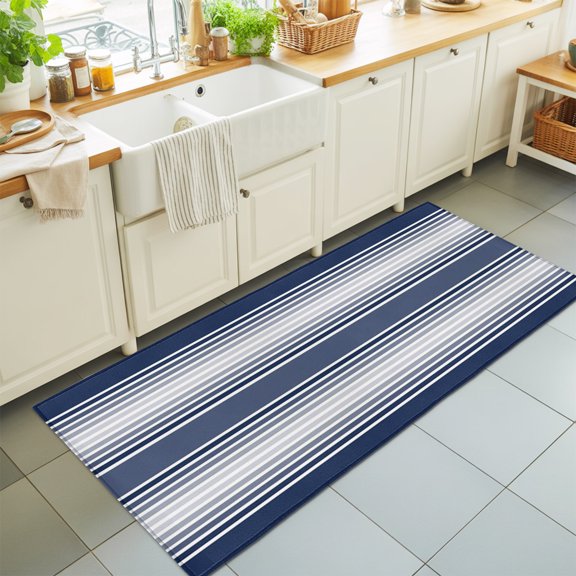 Dark Blue Striped Rectangle Area Rug 2x6ft,Living Room Rug Non-Slip Washable Circle Rugs Pad,Horizontal Geometric Lines Soft Floor Carpet for Bedroom Dining Room