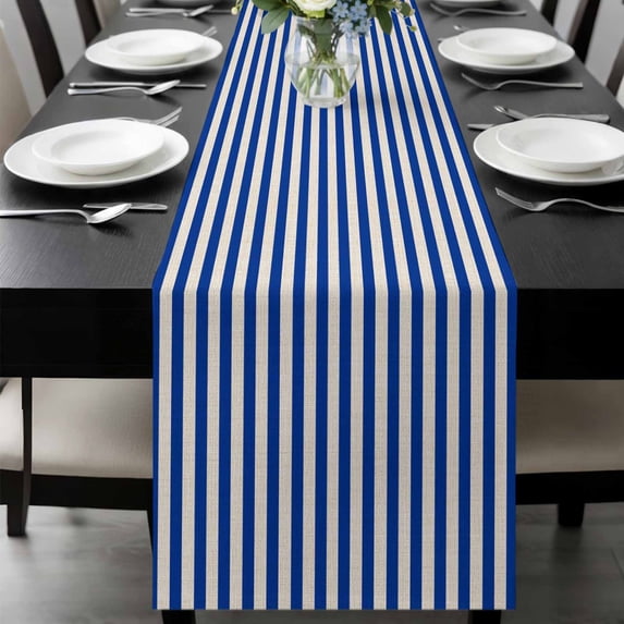 Dark Blue Striped Table Runner 72 Inches Long, Modern Beige Geometric Country Kitchen Coffee Dining Table Decoration for Home Party Birthday Wedding Home Decor 18x72 Inches