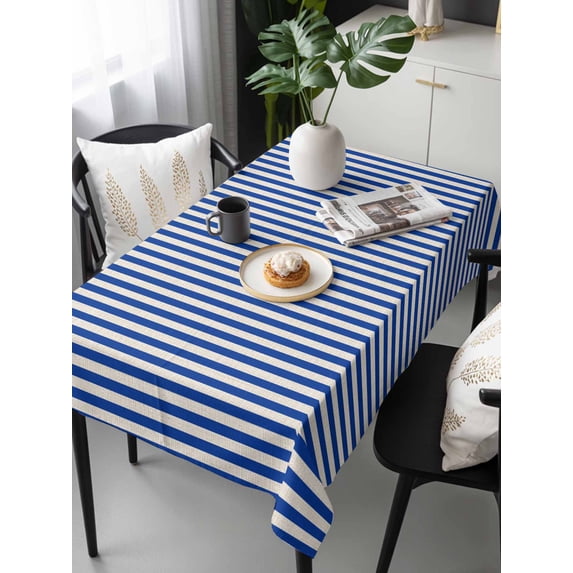 Dark Blue Striped Tablecloth Rectangle Table Cloths 54x108, Waterproof Tablecloth Outdoor Table Cloth, Modern Beige Geometric Country Washable Table Cover for Kitchen Dinning Party