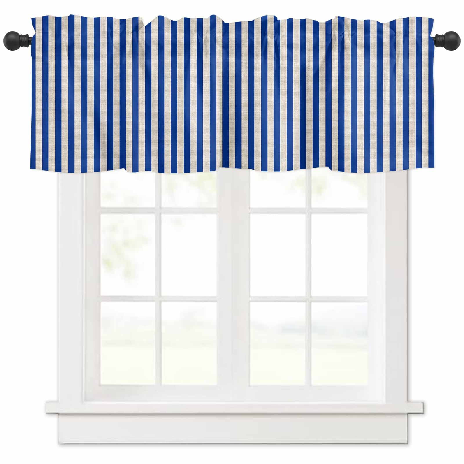 Dark Blue Striped Valances for Windows Farmhouse Kitchen Curtains