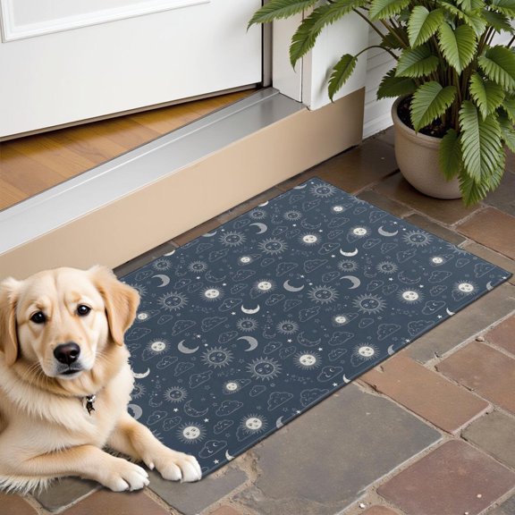 Dark Blue Sun Moon Cloud Pattern Door Rugs,Washable Non Slip Door Mats Indoor,Decorative Door Mats,Entry Mat Indoor for Entrance,Bedroom,Kitchen,Bathroom,16"x24"