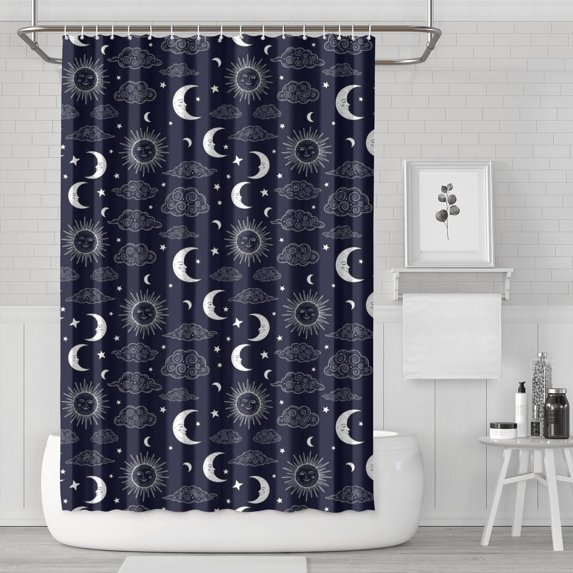 Dark Blue Sun Moon Cloud Pattern Shower Curtain 72"x72" ,Bathroom Decorative Shower Curtains Set with 12 Hooks,Modern Waterproof Washable Shower Curtain