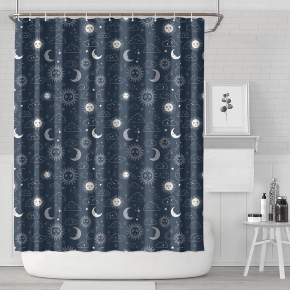 Dark Blue Sun Moon Cloud Pattern Shower Curtain 72"x84" ,Bathroom Decorative Shower Curtains Set with 12 Hooks,Modern Waterproof Washable Shower Curtain