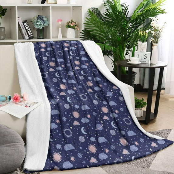 Dark Blue Sun Moon Cloud Planet Pattern Blanket,Comfortable Soft Lamb Wool Throw Blanket,All Season,Warm Lightweight Blankets for Sofa Bed Couch Living Room Chair,60"x80"