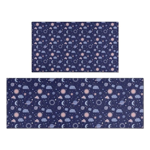 Dark Blue Sun Moon Cloud Planet Pattern Kitchen Rugs Sets Of 2,Anti Fatigue Kitchen Mat Rugs Non Slip Washable,Decorative Kitchen Floor Mats for Kitchen,Sink,Laundry,17"x30"+17"x47"