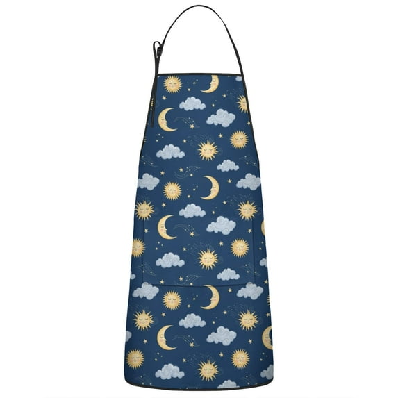 Dark Blue Sun Moon Cloud Star Pattern Apron-Garden Aprons for Women with Pockets-Cotton Linen Waterproof Kitchen Cooking Gardening Aprons Adjustable for Kitchen,Cooking,BBQ and Salon 33x27 Inch