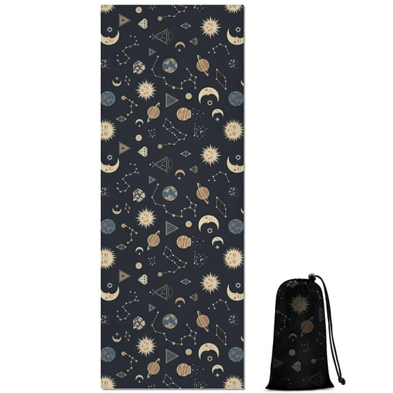 Dark Blue Sun Moon Cloud Star Pattern Hot Yoga Mat Towel Non Slip for Hot Yoga - Quick-Drying Yoga Mat Cover with 4 Corner Pockets with Travel Bag - Hot Yoga Towel Non Slip 70"x26"