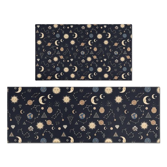 Dark Blue Sun Moon Cloud Star Pattern Kitchen Rugs Sets Of 2,Anti Fatigue Kitchen Mat Rugs Non Slip Washable,Decorative Kitchen Floor Mats for Kitchen,Sink,Laundry,17"x30"+17"x47"
