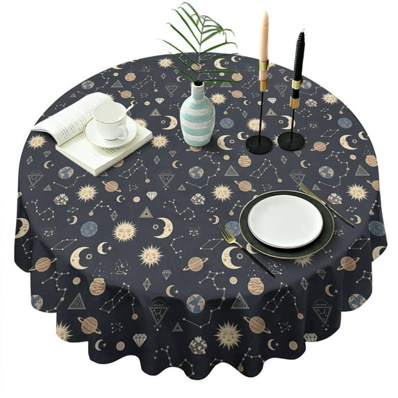Dark Blue Sun Moon Cloud Star Pattern Round Tablecloth 60"x60",Wrinkle Wipeable Table Cloth for Kitchen Dining Room Picnic Patio Party