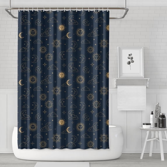 Dark Blue Sun Moon Cloud Star Pattern Shower Curtain 72"x72" ,Bathroom Decorative Shower Curtains Set with 12 Hooks,Modern Waterproof Washable Shower Curtain
