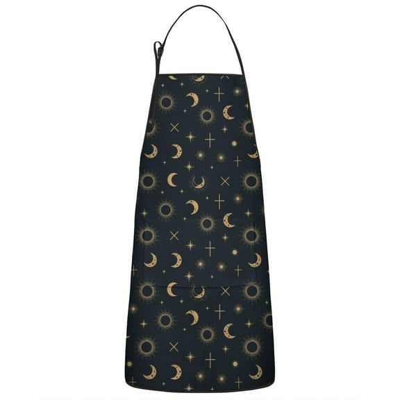 Dark Blue Sun Moon Cross Pattern Apron-Garden Aprons for Women with Pockets-Cotton Linen Waterproof Kitchen Cooking Gardening Aprons Adjustable for Kitchen,Cooking,BBQ and Salon 33x27 Inch