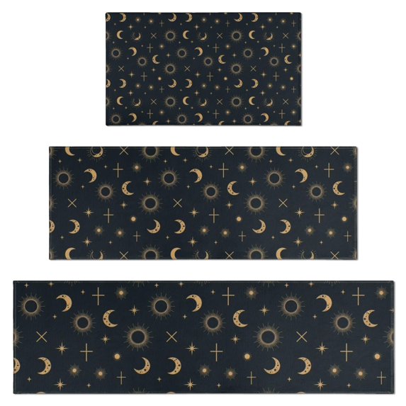 Dark Blue Sun Moon Cross Pattern Kitchen Rugs Sets Of 3,Kitchen Runner Rugs Non Skid Washable,Decorative Kitchen Floor Mats for Kitchen,Sink,Laundry,17"x30"+ 17"x47" + 17"x59"