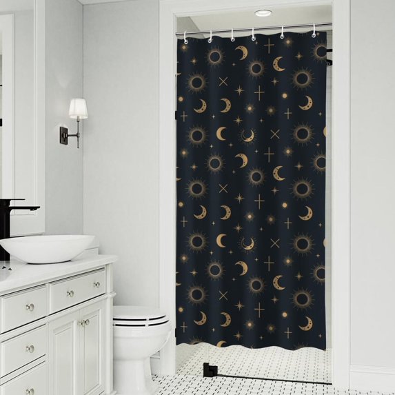 Dark Blue Sun Moon Cross Pattern Shower Curtain 36"x72" ,Bathroom Decorative Shower Curtains Set with 12 Hooks,Modern Waterproof Washable Shower Curtain