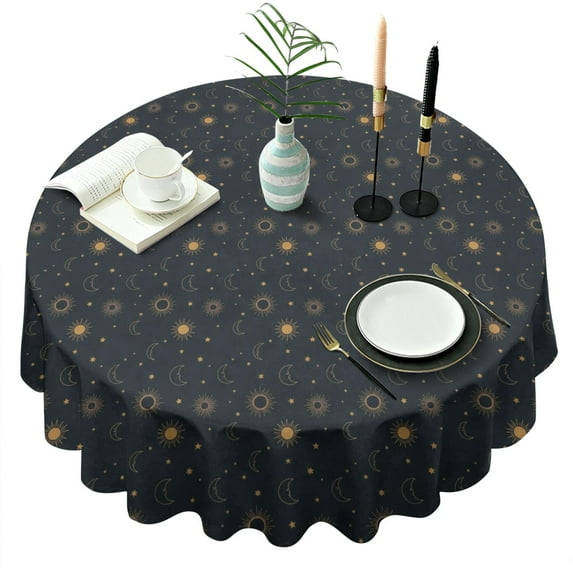 Dark Blue Sun Moon Pattern Round Tablecloth 60"x60",Wrinkle Wipeable Table Cloth for Kitchen Dining Room Picnic Patio Party