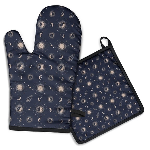 Dark Blue Sun Moon Rocket Pattern Kitchen Oven Mitt and Pot Holder Sets 2 Pcs for Baking, Cooking and Grilling, Heat Resistant Up To 392 °F