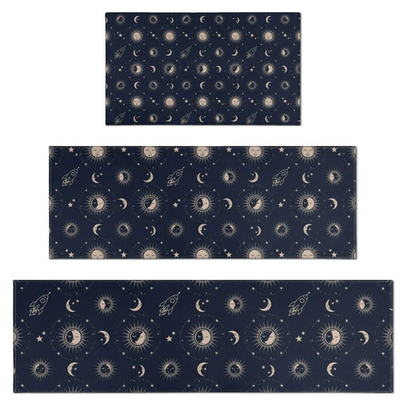 Dark Blue Sun Moon Rocket Pattern Kitchen Rugs Sets Of 3,Kitchen Runner Rugs Non Skid Washable,Decorative Kitchen Floor Mats for Kitchen,Sink,Laundry,17"x30"+ 17"x47" + 17"x59"