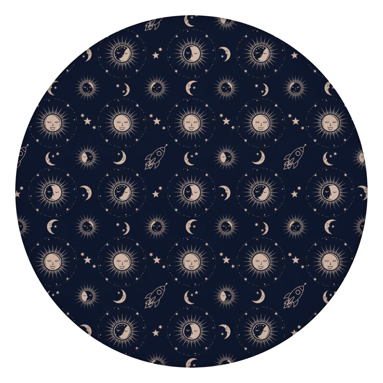 Dark Blue Sun Moon Rocket Pattern Round Fitted Tablecloth with Elastic ...