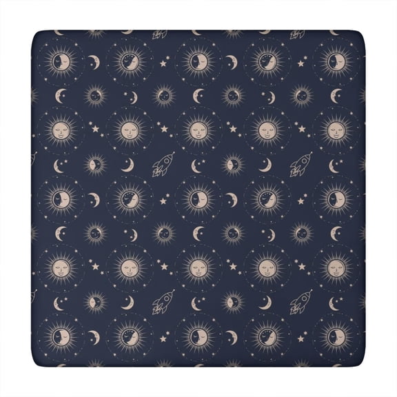 Dark Blue Sun Moon Rocket Pattern Square Fitted Tablecloth with Elastic Edge,Square Table Cover,Washable Elastic Table Cover for Home Kitchen Party Decor 34"x34"