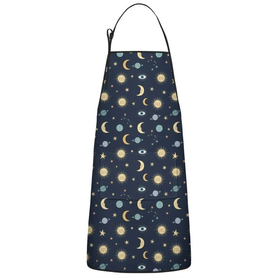 Dark Blue Sun Moon Star Eye Planet Pattern Apron-Garden Aprons for Women with Pockets-Cotton Linen Waterproof Kitchen Cooking Gardening Aprons Adjustable for Kitchen,Cooking,BBQ and Salon 33x27 Inch