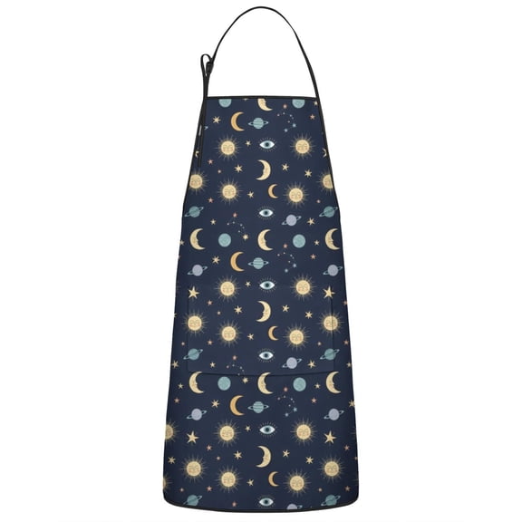 Dark Blue Sun Moon Star Eye Planet Pattern Apron-Garden Aprons for Women with Pockets-Cotton Linen Waterproof Kitchen Cooking Gardening Aprons Adjustable for Kitchen,Cooking,BBQ and Salon 33x27 Inch