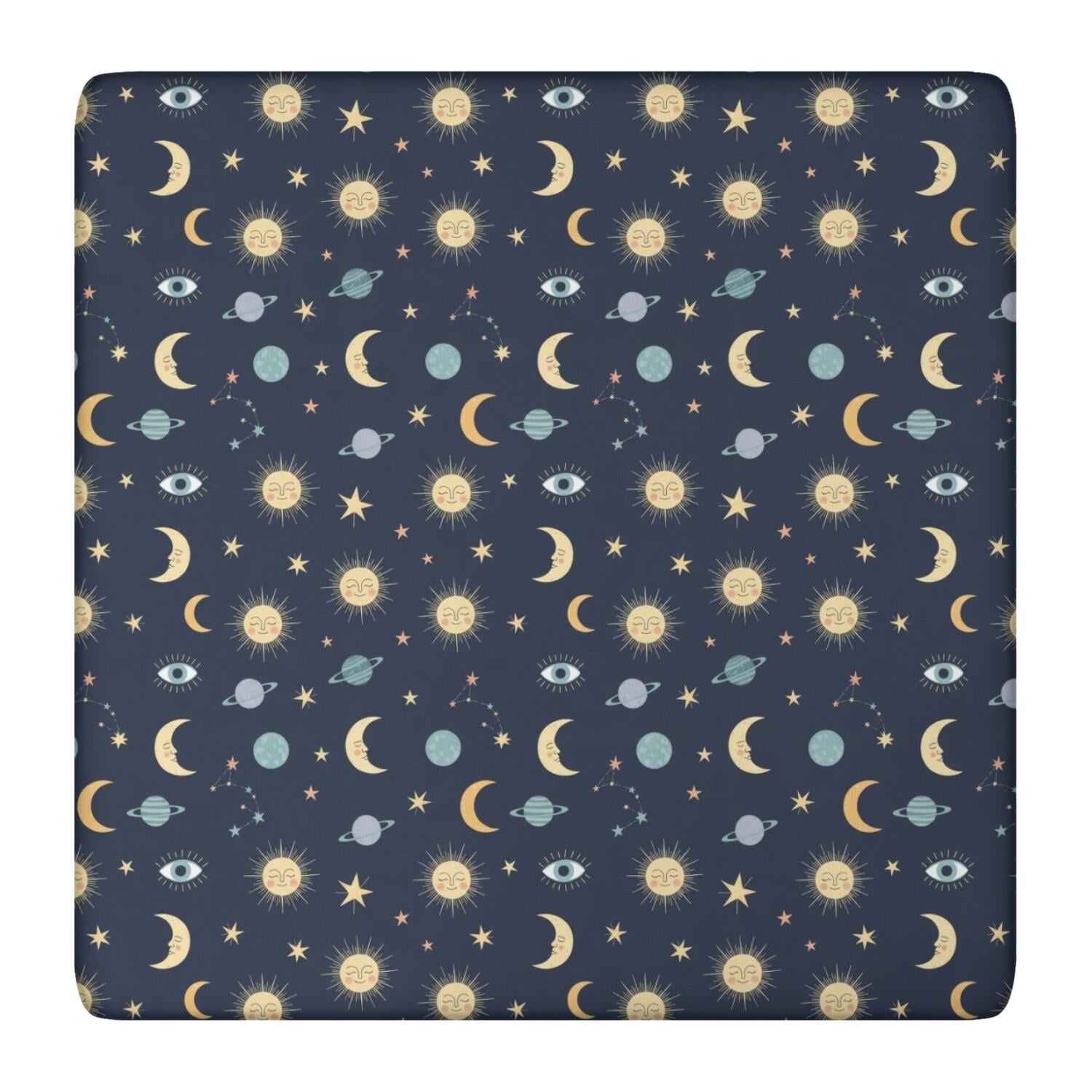 Dark Blue Sun Moon Star Eye Planet Pattern Square Fitted Tablecloth ...